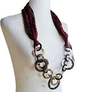 NWT Hand Dyed Silk Burgundy Large Link Statement Necklace